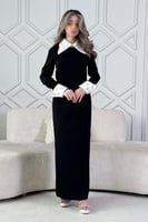 فستان طويل مزين بالكريستال بفتحة من الخلف لون ابيض