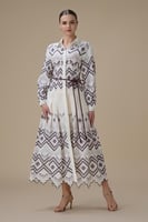 فستان ميدي سكري بنقوش هندسية بحزام خصر