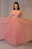 فستان ماكسي درابية بكسرات لون وردي