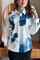 قميص مشجر بياقة مطوية لون ازرق