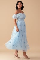 فستان ميدي تول بطبعة فراشات لون بيبي بلو