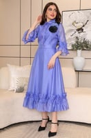 فستان ميدي كلاسيك مزين بالورد لون بنفسجي