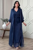 فستان قطعتين بثنيات ورداء لون كحلي