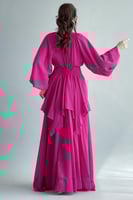 فستان زم كلوش بياقه عاليه لون فوشي