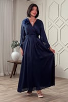 فستان ساتان بأكمام مزينة بكريستال لون كحلي