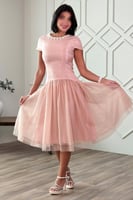 فستان ميدي بياقة مزينة بلؤلؤ لون وردي