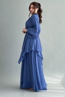 فستان زم كلوش بياقه عاليه لون سماوي