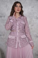 طقم تنورة وبلوزة بحزام لون بنفسجي