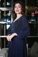 فستان سهره طويل بليسيه مزين بالفصوص لون كحلي