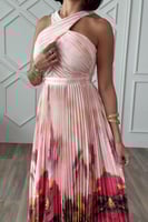 فستان ميدي بكسرات بطبعة أزهار لون فوشي