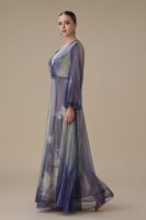 فستان بنفسجي لامع طويل بياقة V