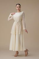 فستان طويل سكري بطبقتين مع حزام أنيق