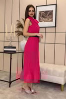 فستان ميدي بليسيه بحزام لون فوشي