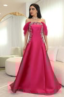 فستان سهرة مزين بالكريستال أوف شولدر لون فوشي