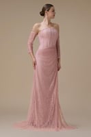 فستان دانتيل وردي طويل درابيه