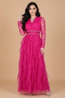 فستان سهره بطبقات كشكش مطرز الخصر لون فوشي