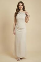 فستان ضيق درابية مزين بفصوص لون بيج