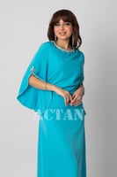 فستان درابية مزين بكريستال لون ازرق