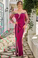 فستان ماكسي باكمام تول مزين بشريط كريستال لون فوشي