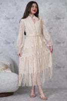 فستان ميدي درابية طبقات لون بيج