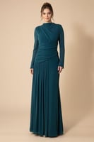 فستان طويل تركواز لامع بكسرات جانبية