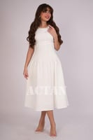 فستان ميدي بكسرات على الخصر لون سكري