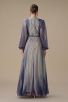 فستان بنفسجي لامع طويل بياقة V