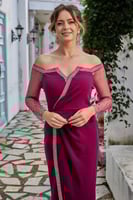 فستان ماكسي باكمام تول مزين بشريط كريستال لون فوشي