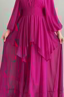 فستان زم كلوش بياقه عاليه لون فوشي