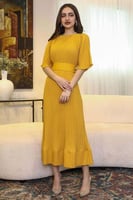 فستان ميدي بليسيه برباط لون اصفر