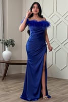 فستان ساتان مزين بريش لون ازرق