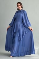 فستان زم كلوش بياقه عاليه لون سماوي