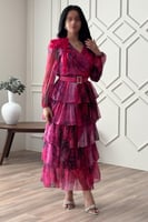 فستان شيفون مشجر طبقات لون فوشي