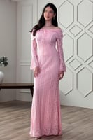 فستان وردي ناعم ماكسي اوف شولدر