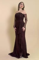 فستان دانتيل طويل اوف شولدر لون بني