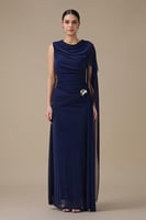 فستان طويل كحلي لامع بوشاح