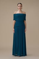 فستان تركوازي طويل أوف شولدر درابيه