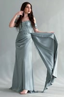 فستان سهره بكروسيه مطرز لون زيتي