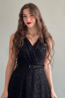 فستان سهره قصير من التل الشبكي بترتر لون اسود