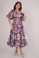 فستان ميدي بأكمام بف لون كحلي