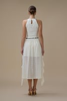 فستان سكري دانتيل ميدي بحمالات رقبة عالية وتنورة م...