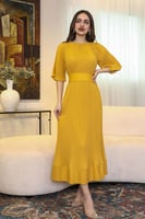 فستان ميدي بليسيه برباط لون اصفر