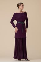 فستان بنفسجي طويل أوف شولدر بحزام