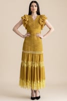 فستان ماكسي بكم كشكش مطعم بدانتيل لون كموني