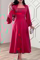 فستان ميدي أنيق بأكمام طويلة مزينة بالؤلؤ لون فوشي