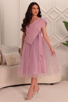 فستان ميدي تول بربطة من الجانب مزين بالكريستال لون...