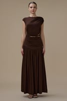 فستان بني طويل درابيه