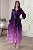 فستان بليسيه مموج اللون بحزام لون بنفسجي