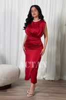 فستان ميدي بياقة لؤلؤ لون عنابي