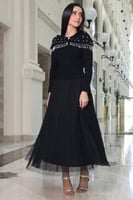 فستان ميدي مزين باللؤلؤ لون اسود